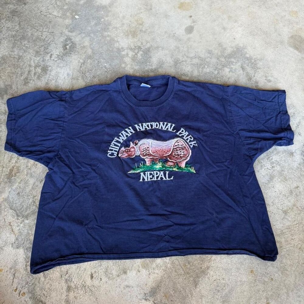 Navy blue vintage Chitwan National Park Nepal cotton t-shirt with rhino graphic